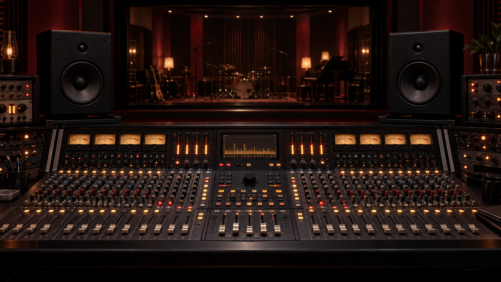 Professional studio mixing desk with two monitor speakers